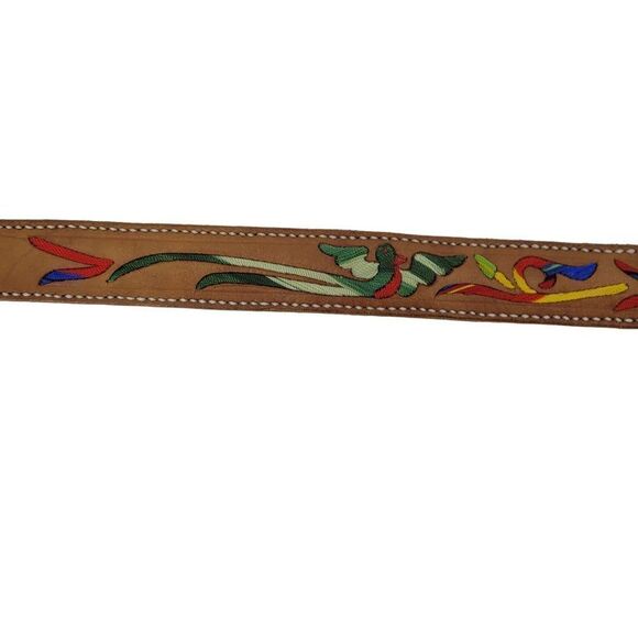 Vintage 70s Leather Belt Artisan M/L 37" Tan Rainbow Embroidered Parrot Western - Picture 3 of 10
